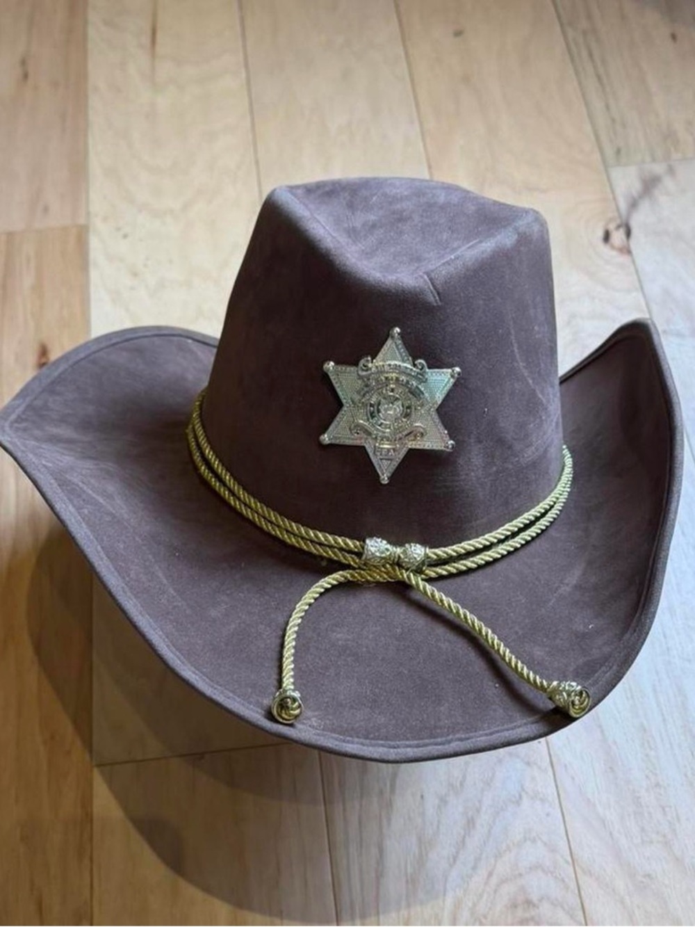 Brown Suede Western Sheriff Hat with Gold Rope and Badge